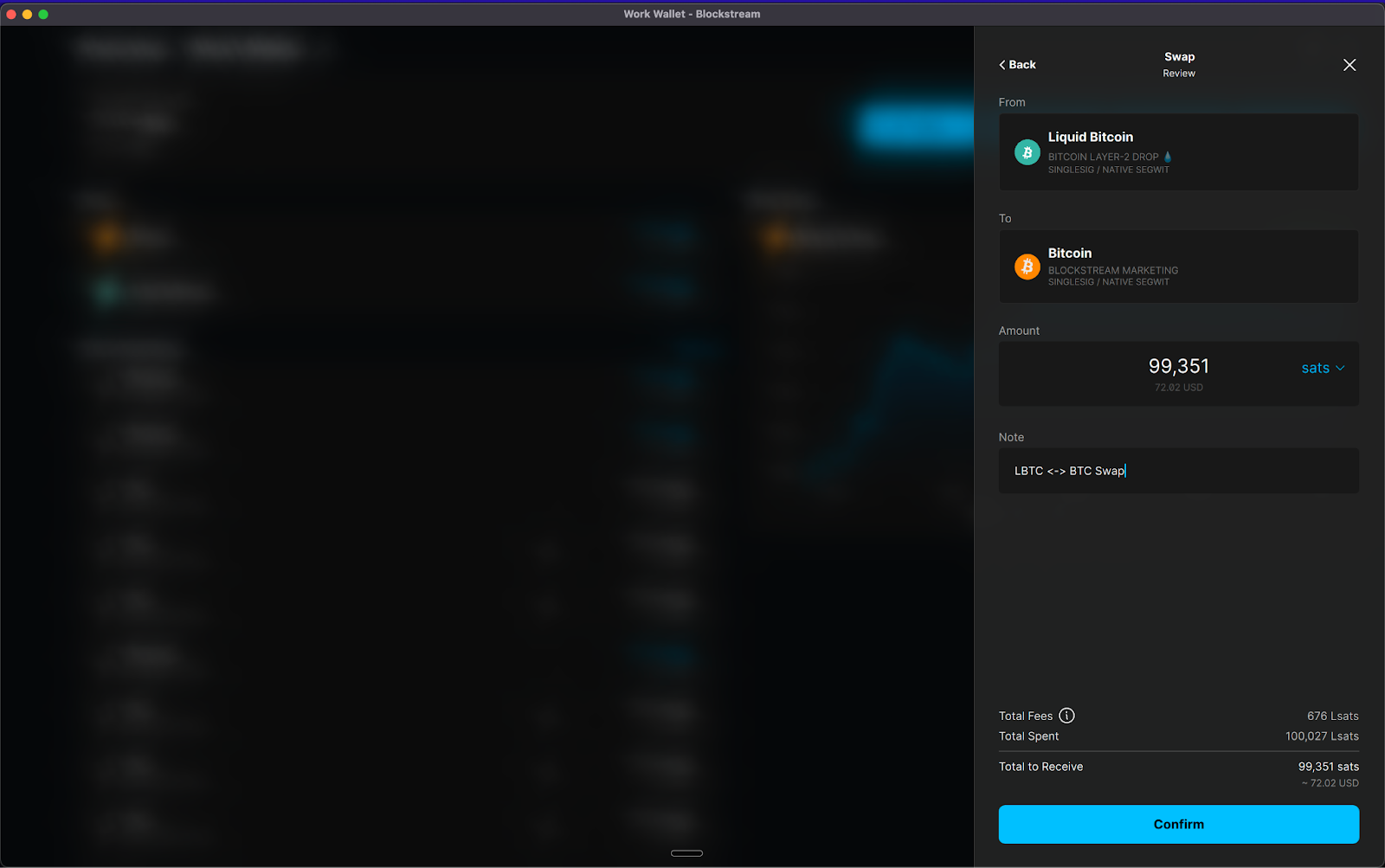 Liquid bitcoin to on-chain bitcoin swap panel