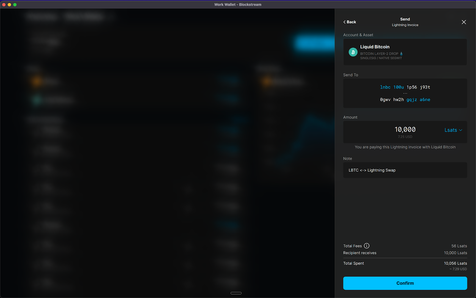 Liquid bitcoin Lightning invoice panel