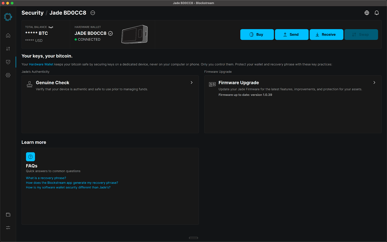 Blockstream Jade Genuine Check dedicated drawer section