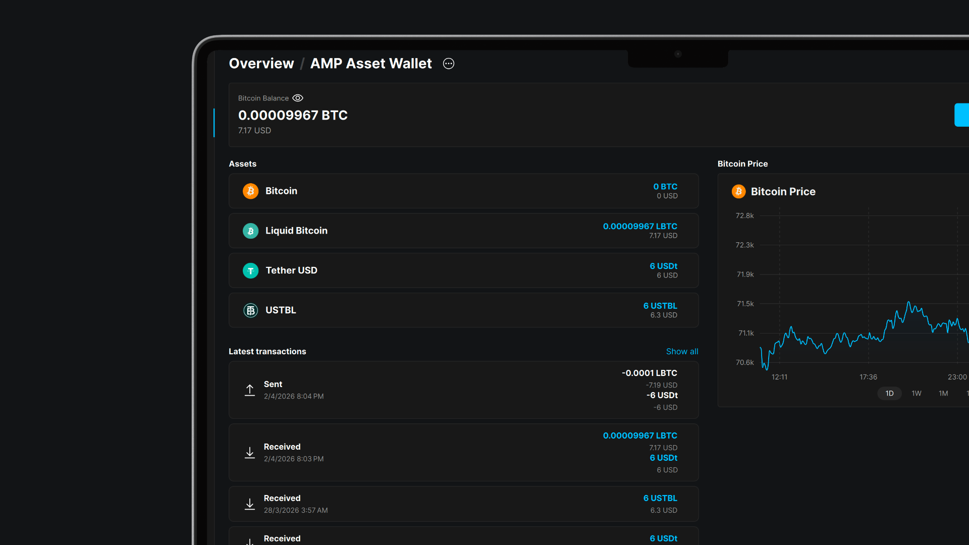 Blockstream desktop app showing Liquid asset prices