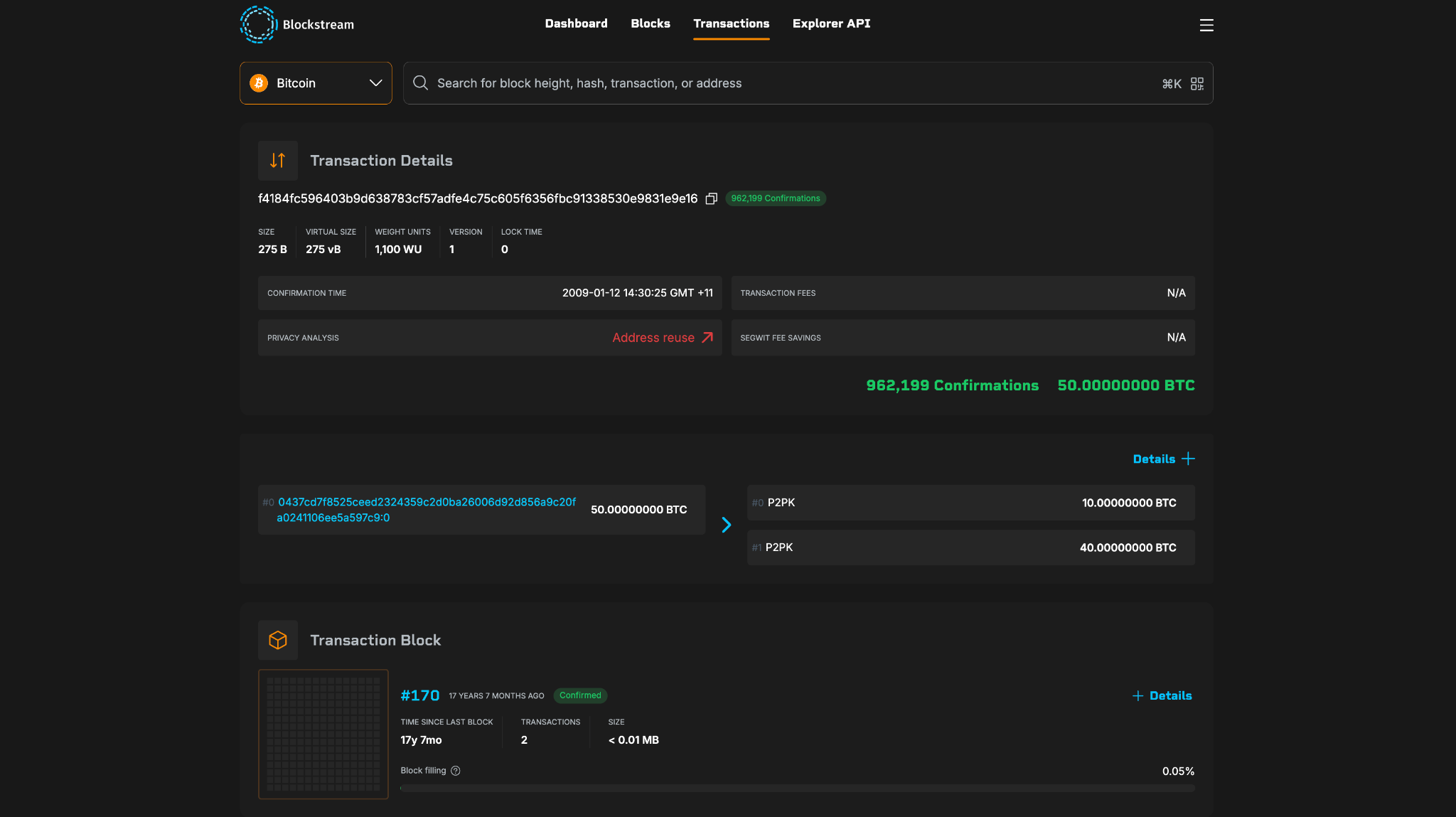 Block 170, 12 January 2009. The first bitcoin payment between two people: 50 BTC in from the block 9 coinbase, 10 BTC out to Hal Finney and 40 BTC back as change, laid out input by output. The privacy check flags address reuse on a transaction made years before anyone had a name for the problem.