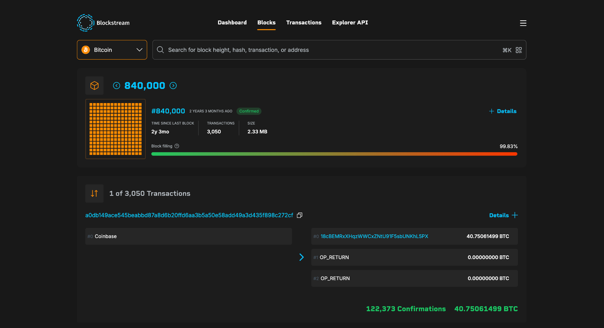 Block 840,000, the 2024 halving. The subsidy had just halved to 3.125 BTC, but the coinbase paid 40.75061499 BTC. Fees made up 37.63 BTC of it, on a block filled to 99.83%.