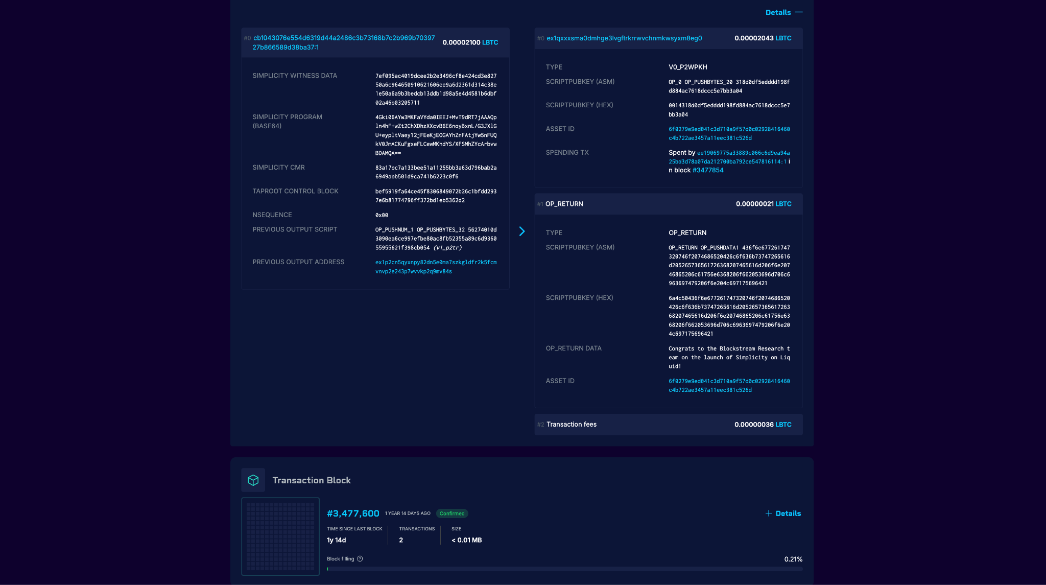 Block 3,477,600 on Liquid, 31 July 2025, the block Simplicity activated in. The first Simplicity spend on mainnet, decoded on the page: the Simplicity witness data, the program in base64, the commitment Merkle root the Taproot leaf commits to, and the control block that proves the leaf.