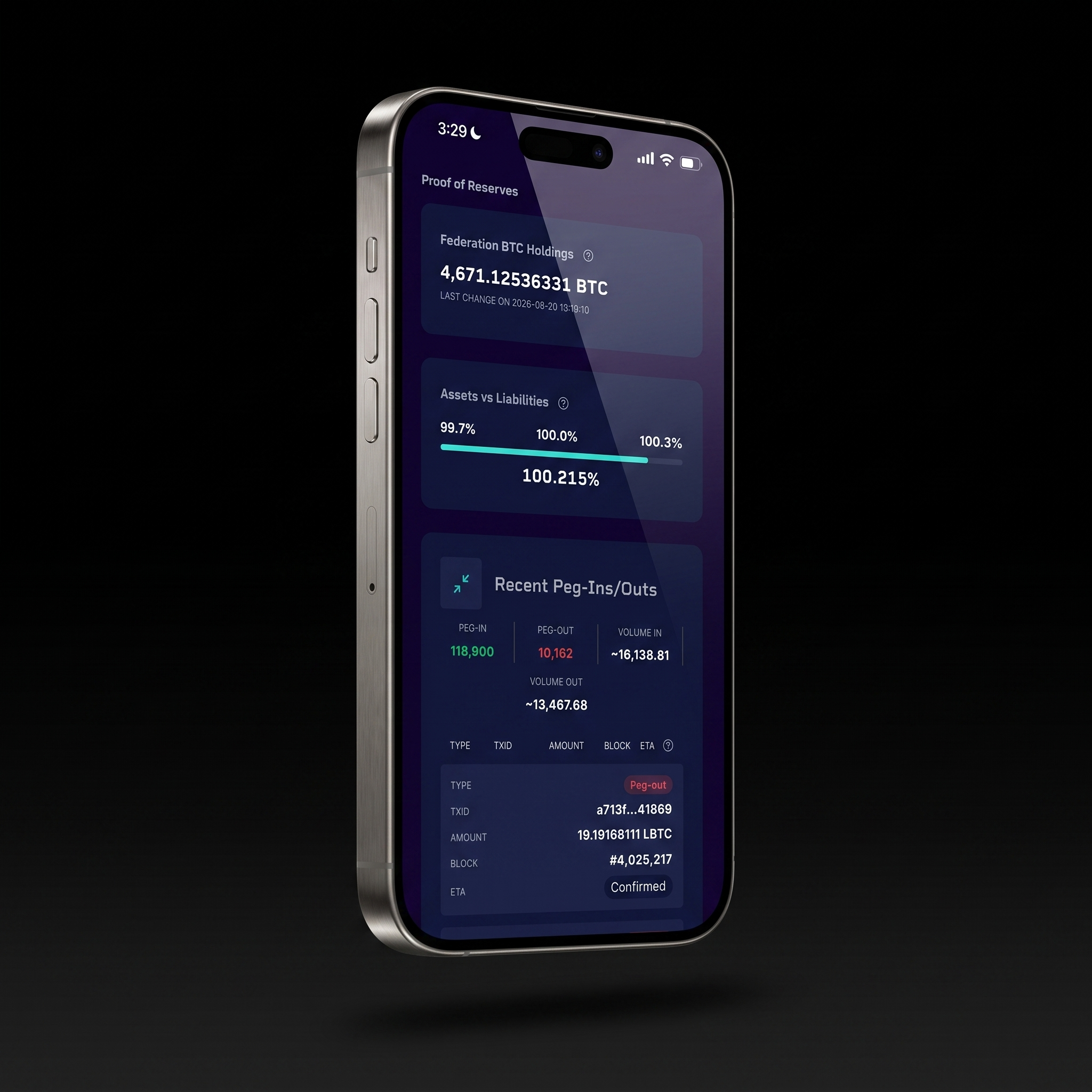 Proof of reserves on the Liquid dashboard. Federation BTC holdings, assets against liabilities as one percentage, and every recent peg-in and peg-out.