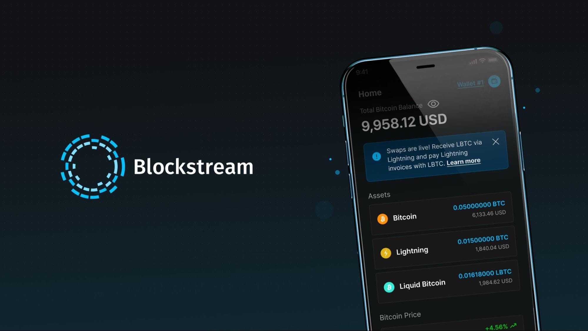 Blockstream app logo next to the home page of the app, featuring the Lightning and Liquid swap notice.