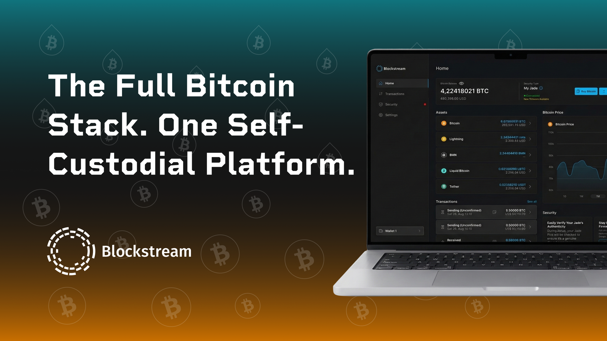 "The Full Bitcoin Stack. One Self-Custodial Platform" title next to the Blockstream app open on a laptop.